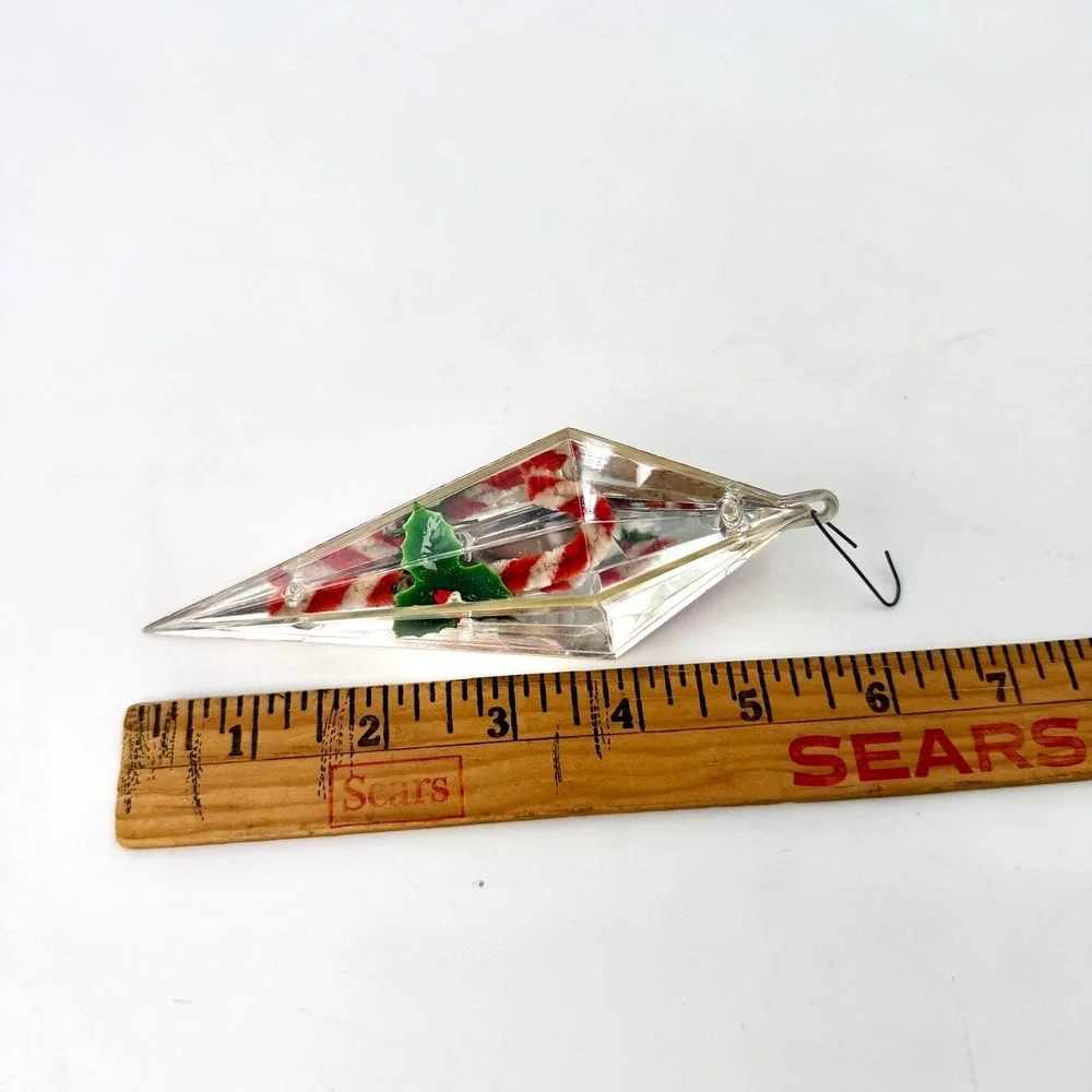 Jewelbrite Mid Century Pink Plastic Diorama‎ Icicle Ornament Candy Cane Holly